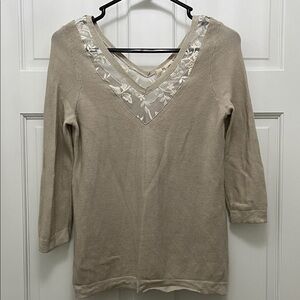 Moth 100% Cotton Cream Knit Sweater w/ Lace V Neck Trim Detailing - Size XS